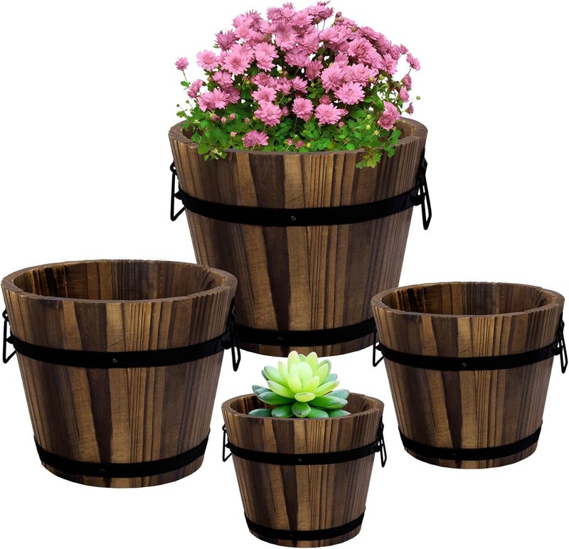 Adnee 4 Pack Whiskey Barrel Planters - Multiple Sizes Wooden Bucket Barrel Garden Planters Set - Real Wood Rustic Flower Planters Pots Boxes Container for Indoor Outdoor Garden Home Plants - Image 1