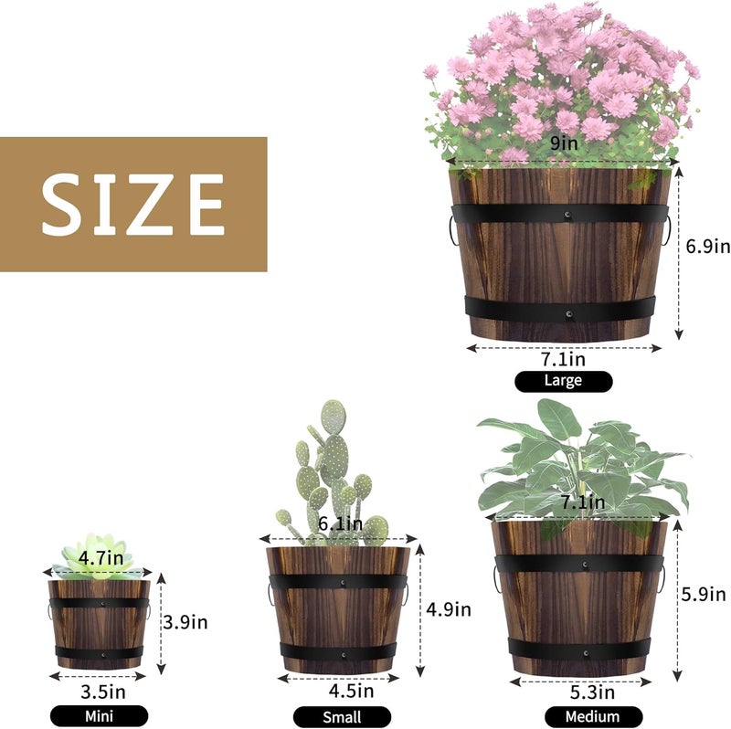 Adnee 4 Pack Whiskey Barrel Planters - Multiple Sizes Wooden Bucket Barrel Garden Planters Set - Real Wood Rustic Flower Planters Pots Boxes Container for Indoor Outdoor Garden Home Plants - Image 2