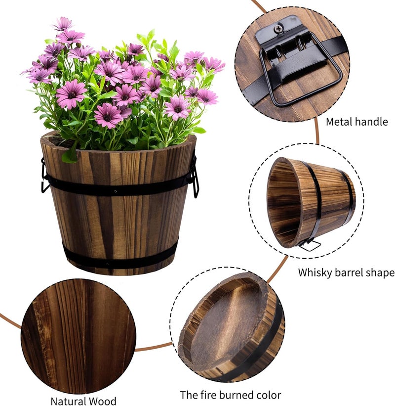 Adnee 4 Pack Whiskey Barrel Planters - Multiple Sizes Wooden Bucket Barrel Garden Planters Set - Real Wood Rustic Flower Planters Pots Boxes Container for Indoor Outdoor Garden Home Plants - Image 3