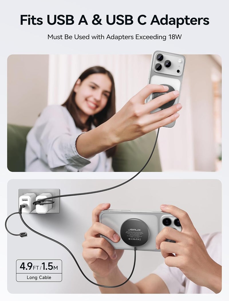 jsaux Magnetic Wireless Charger for MagSafe, 15W Fast Charging Mag Charger Pad with Dual Charging Ports, 7.5W Max Compatible with iPhone 17/17e/16 Pro Max/iPhone 16 15 Plus/14/13, Magsafe Case-Black - Image 3