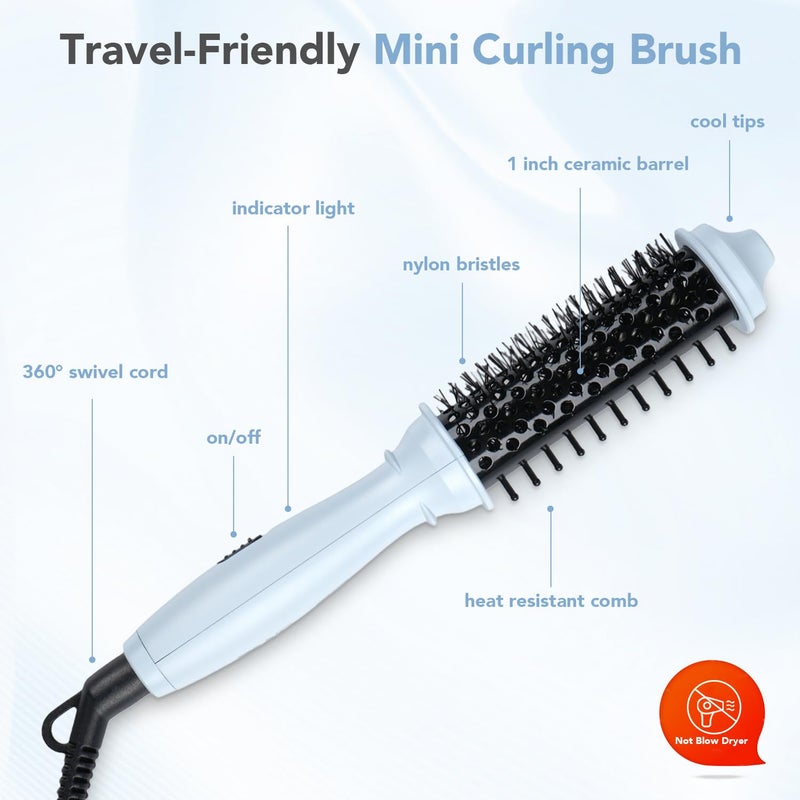 Ouphiny Dual Voltage Heated Round Brush, Mini Thermal Brush for Volumizing and Small Curls, 1 Inch Travel Curling Iron for Short Hair, Blue - Image 5