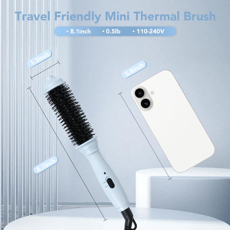 Ouphiny Dual Voltage Heated Round Brush, Mini Thermal Brush for Volumizing and Small Curls, 1 Inch Travel Curling Iron for Short Hair, Blue - Image 2