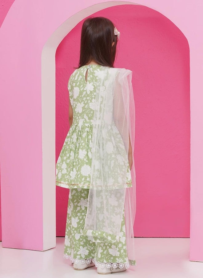 AJ DEZINES Kids Ethnic Wear Floral Printed Frock Style Green Salwar Suit Set For Girls With Dupatta (G-1152-PISTA-30) - Image 2