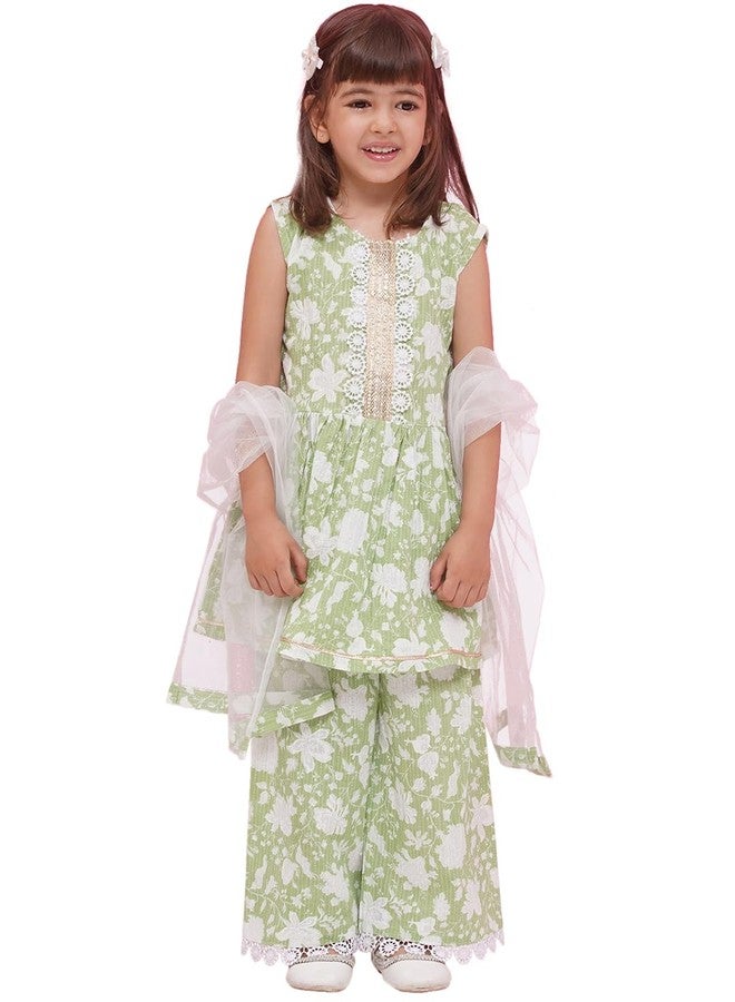 AJ DEZINES Kids Ethnic Wear Floral Printed Frock Style Green Salwar Suit Set For Girls With Dupatta (G-1152-PISTA-30) - Image 1
