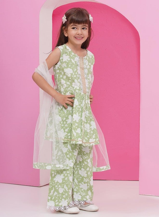 AJ DEZINES Kids Ethnic Wear Floral Printed Frock Style Green Salwar Suit Set For Girls With Dupatta (G-1152-PISTA-30) - Image 4