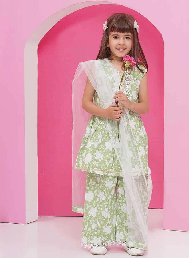AJ DEZINES Kids Ethnic Wear Floral Printed Frock Style Green Salwar Suit Set For Girls With Dupatta (G-1152-PISTA-30) - Image 5