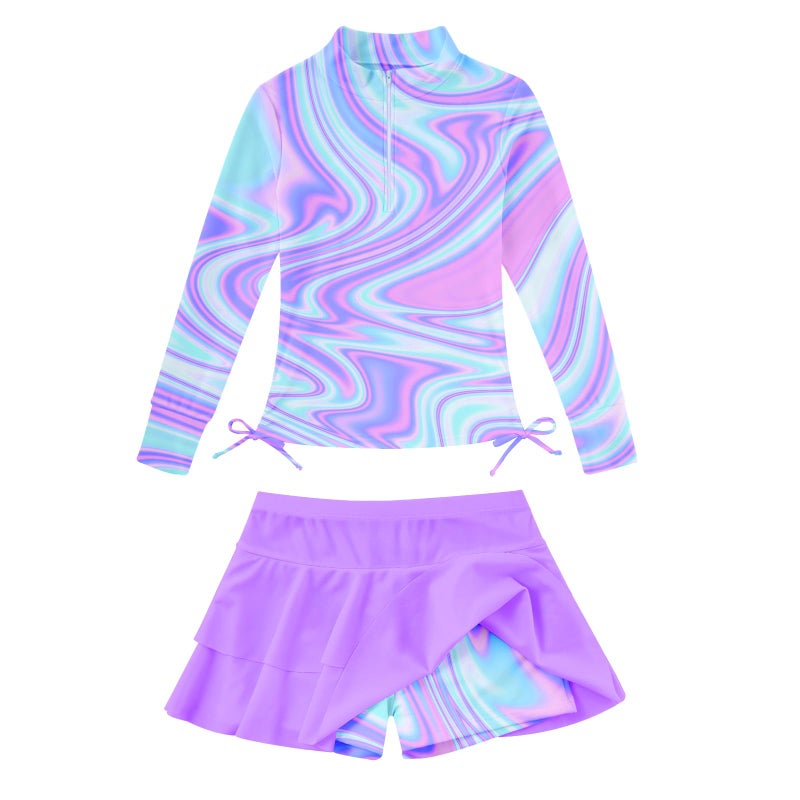 Purple Blue Long Sleeve Bathing Suits for Kids 810 High Waisted Half Zipper Swimwear with Cover Up Skirts 9 Years Big Girls Summer Matching Rash Guard Shirts Swimsuits Child 3D Lace Tops Swim Sets