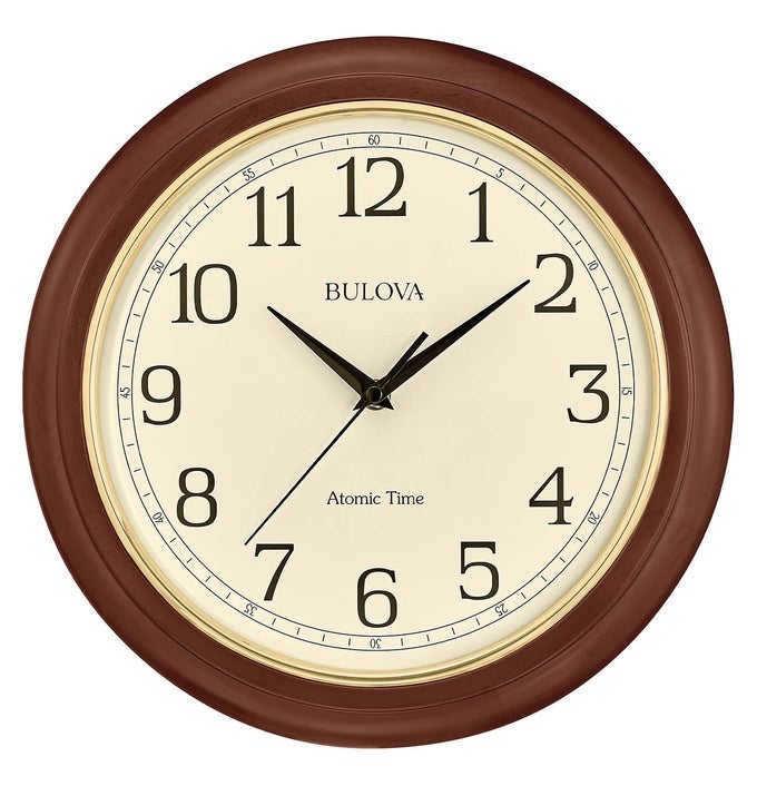 ATOMIC TIME 2 ANALOG WALL CLOCK C5004 124 WOODEN FRAME SETS TIME AUTOMATICALLY QUARTZ MOVEMENT BATTERY OPERATED CLASSIC DESIGN