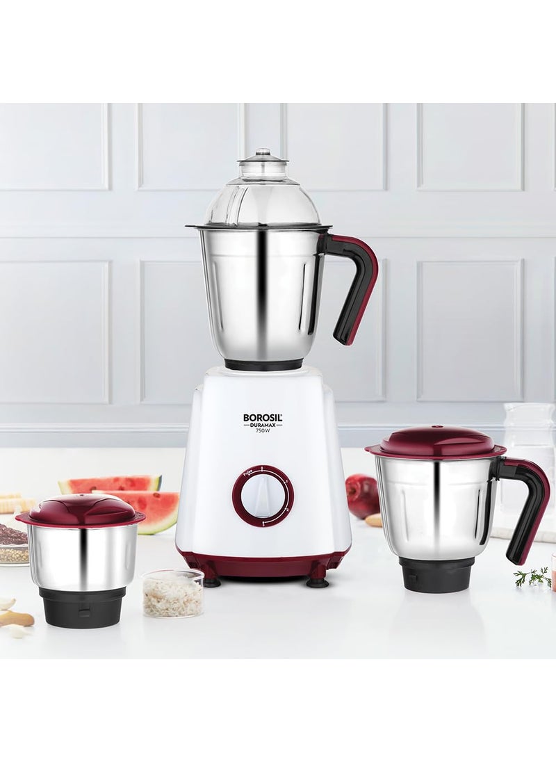 BOROSIL Borosil Duramax 750 W Mixer Grinder | Wet & Dry Mixing, Grinding & Blending | 3 Jars (1.5 L Blending Jar, 1.2 L Grinder Jar, 0.5 L Chutney Jar) | Mixie For Kitchen, White | 2 Years Warranty  - Image 1