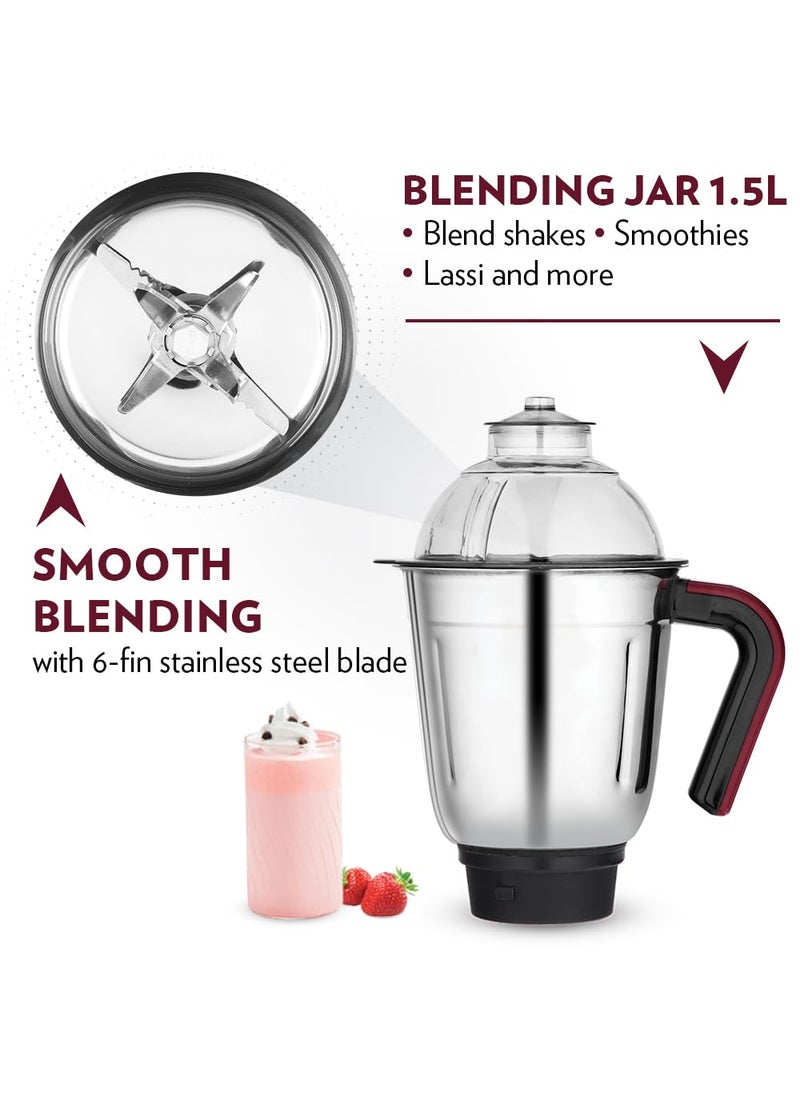 BOROSIL Borosil Duramax 750 W Mixer Grinder | Wet & Dry Mixing, Grinding & Blending | 3 Jars (1.5 L Blending Jar, 1.2 L Grinder Jar, 0.5 L Chutney Jar) | Mixie For Kitchen, White | 2 Years Warranty  - Image 5