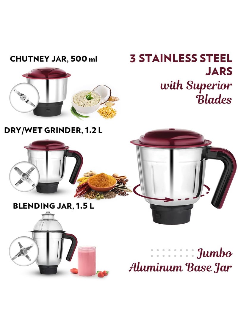 BOROSIL Borosil Duramax 750 W Mixer Grinder | Wet & Dry Mixing, Grinding & Blending | 3 Jars (1.5 L Blending Jar, 1.2 L Grinder Jar, 0.5 L Chutney Jar) | Mixie For Kitchen, White | 2 Years Warranty  - Image 4