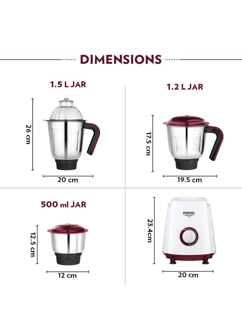 BOROSIL Borosil Duramax 750 W Mixer Grinder | Wet & Dry Mixing, Grinding & Blending | 3 Jars (1.5 L Blending Jar, 1.2 L Grinder Jar, 0.5 L Chutney Jar) | Mixie For Kitchen, White | 2 Years Warranty  - Image 2
