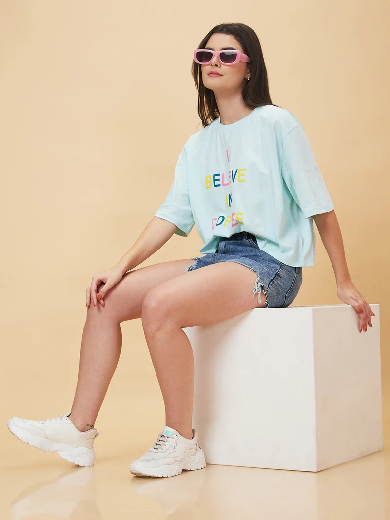 Women Typography Printed Drop Shoulder Sleeves Boxy Fit Cotton Crop T-Shirt