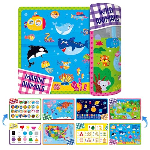SpriteGru 4 Pack Placemats for Kids, Non-Slip Washable Table Mats, Double-Sided Reusable Universe, Alphabet, Numbers, Map of USA & World Educational Placemats for Home, Kindergarten, Classroom, Nursery - Image 1