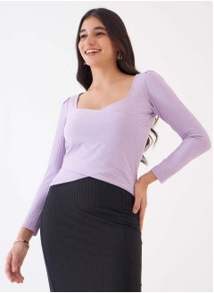 Salt Attire Women's Sweetheart Neckline Rib Knit Crop Top in Soft Lilac with Crossover Front and 3/4th Shirred Sleeves | Flattering, Feminine Design for Chic Night Outs  - Image 1