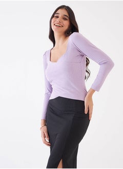 Salt Attire Women's Sweetheart Neckline Rib Knit Crop Top in Soft Lilac with Crossover Front and 3/4th Shirred Sleeves | Flattering, Feminine Design for Chic Night Outs  - Image 2