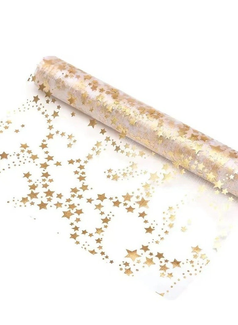 1pc, Linen Table Runner, Stars In Golden Metal Organza Table Roll, Elegant Table Decoration For Special Occasions, Christmas Decor, Room Decor, Wedding Decor