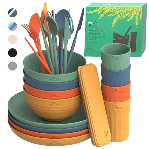 DINETHICS Wheat Straw Dinnerware Sets For 4 Camping Plates Cups And Bowls Set Dishwasher Microwave Safe Dishes Alternate To Plastic Dinnerware Set Wheat Straw Plates And Bowls Sets RV Dishes