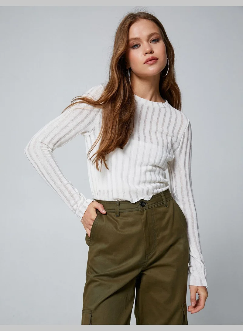 كوتون Crew Neck Slim Fit Ajoure Long Sleeve T-Shirt