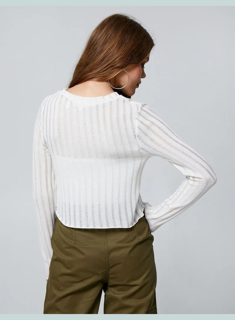 كوتون Crew Neck Slim Fit Ajoure Long Sleeve T-Shirt