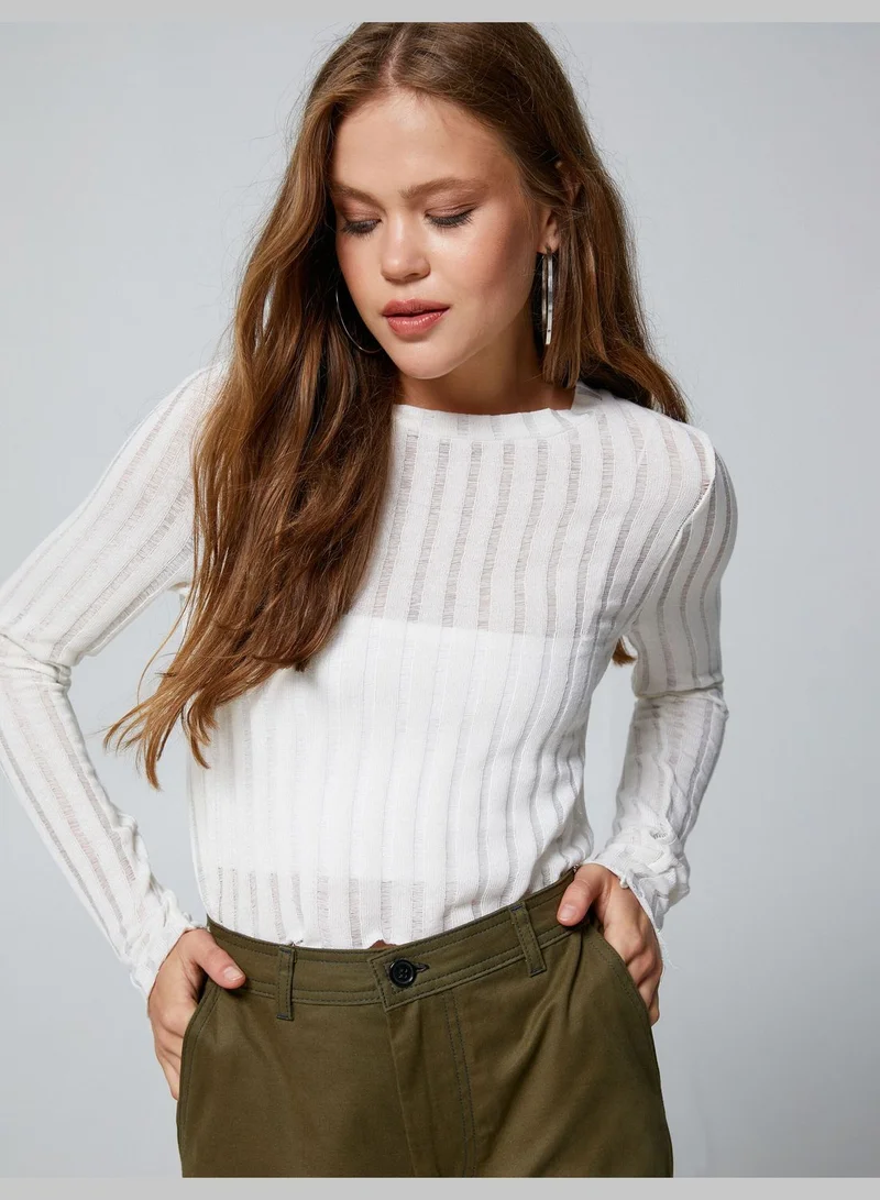 كوتون Crew Neck Slim Fit Ajoure Long Sleeve T-Shirt