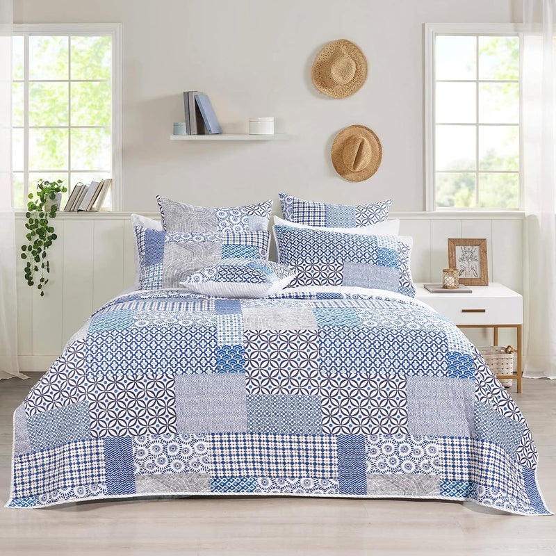 PHF 100% Cotton Fabric Patchwork Quilt Set King Size, 3PCS Lightweight Boho Plaid Cozy Bedspread, Ultra Soft Reversible Bed Spread for All Season, 1 Coverlet 108" x 90" and 2 Pillow Shams, Blue - Image 1