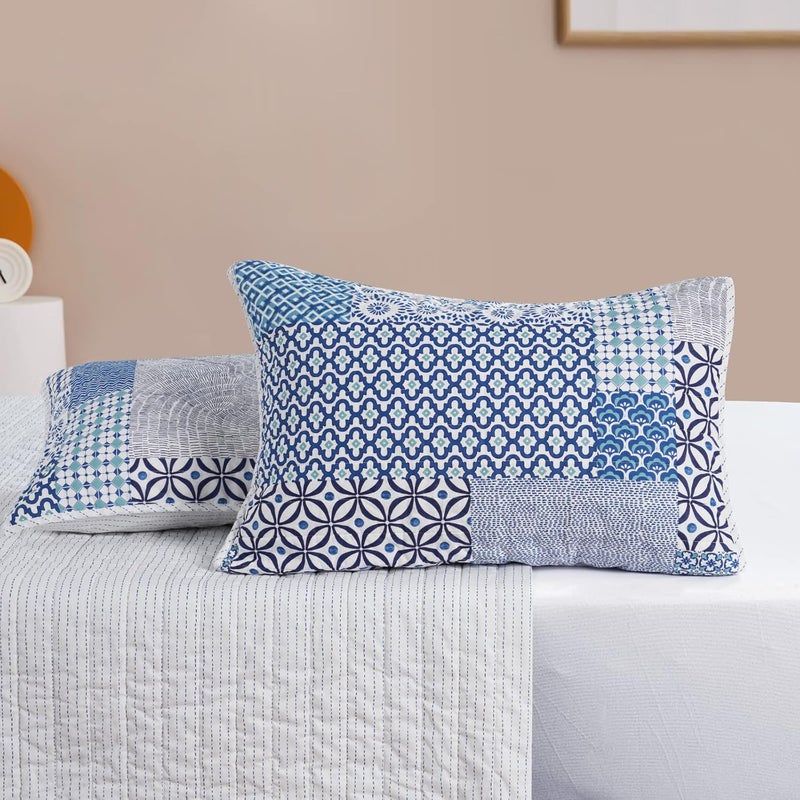 PHF 100% Cotton Fabric Patchwork Quilt Set King Size, 3PCS Lightweight Boho Plaid Cozy Bedspread, Ultra Soft Reversible Bed Spread for All Season, 1 Coverlet 108" x 90" and 2 Pillow Shams, Blue - Image 5