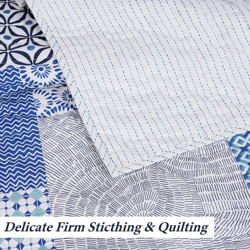 PHF 100% Cotton Fabric Patchwork Quilt Set King Size, 3PCS Lightweight Boho Plaid Cozy Bedspread, Ultra Soft Reversible Bed Spread for All Season, 1 Coverlet 108" x 90" and 2 Pillow Shams, Blue - Image 4