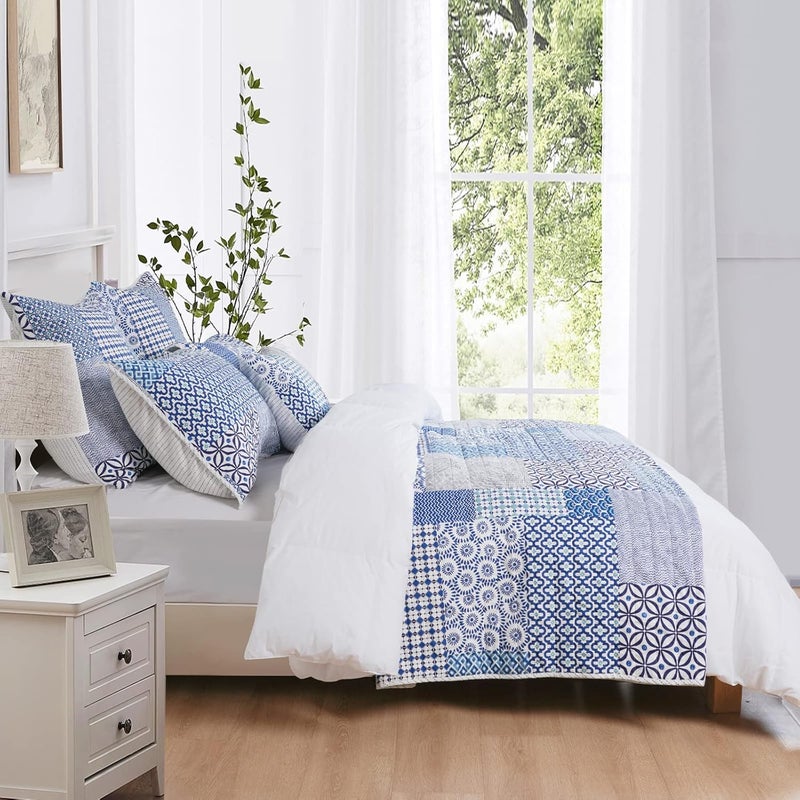 PHF 100% Cotton Fabric Patchwork Quilt Set King Size, 3PCS Lightweight Boho Plaid Cozy Bedspread, Ultra Soft Reversible Bed Spread for All Season, 1 Coverlet 108" x 90" and 2 Pillow Shams, Blue - Image 3