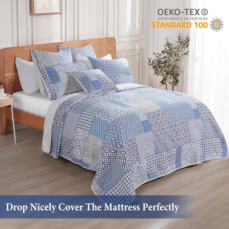 PHF 100% Cotton Fabric Patchwork Quilt Set King Size, 3PCS Lightweight Boho Plaid Cozy Bedspread, Ultra Soft Reversible Bed Spread for All Season, 1 Coverlet 108" x 90" and 2 Pillow Shams, Blue - Image 2