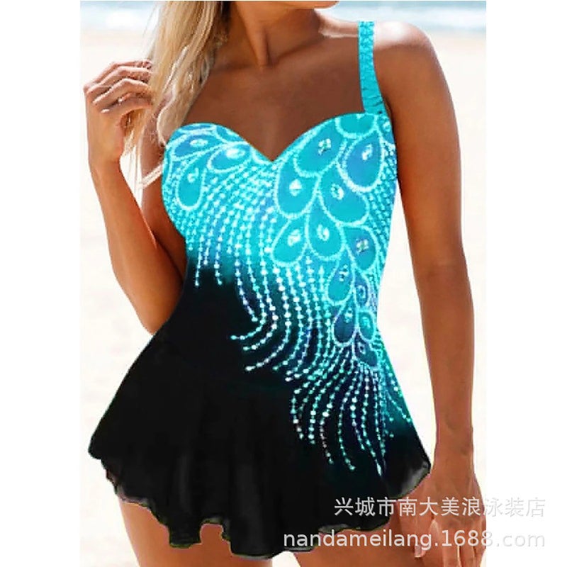 2021 new European and American women's large size swimsuit female phoenix tail print skirt comfortable loose split swimsuit white GAH08013 Sky blue white GAH08013 XXL - Image 2