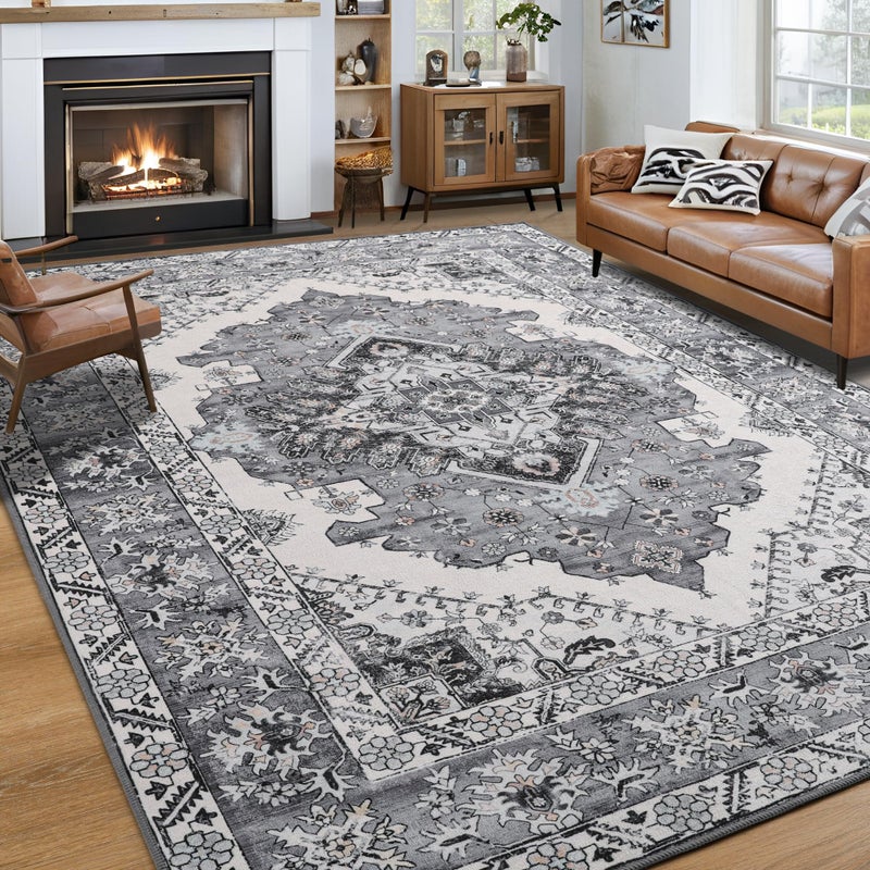 Noahas Living Room Rug 5x8 Rugs, Machine Washable Vintage Area Rug Non-Slip Low Pile Large Rug for Living Room, Bedroom, Farmhouse, Dining Room, Grey and Blue - Image 1