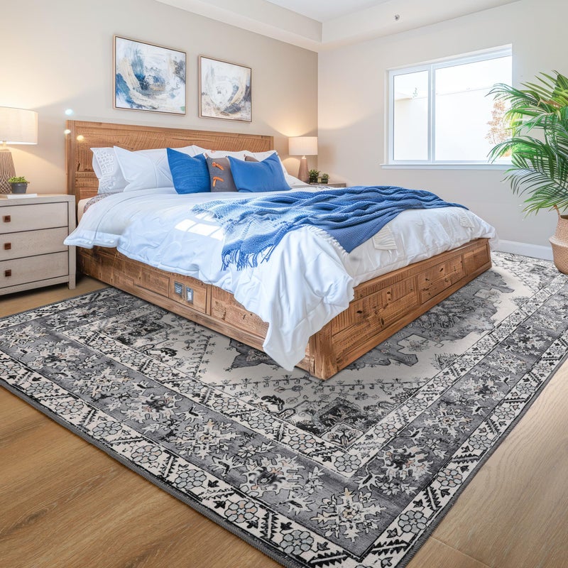 Noahas Living Room Rug 5x8 Rugs, Machine Washable Vintage Area Rug Non-Slip Low Pile Large Rug for Living Room, Bedroom, Farmhouse, Dining Room, Grey and Blue - Image 3