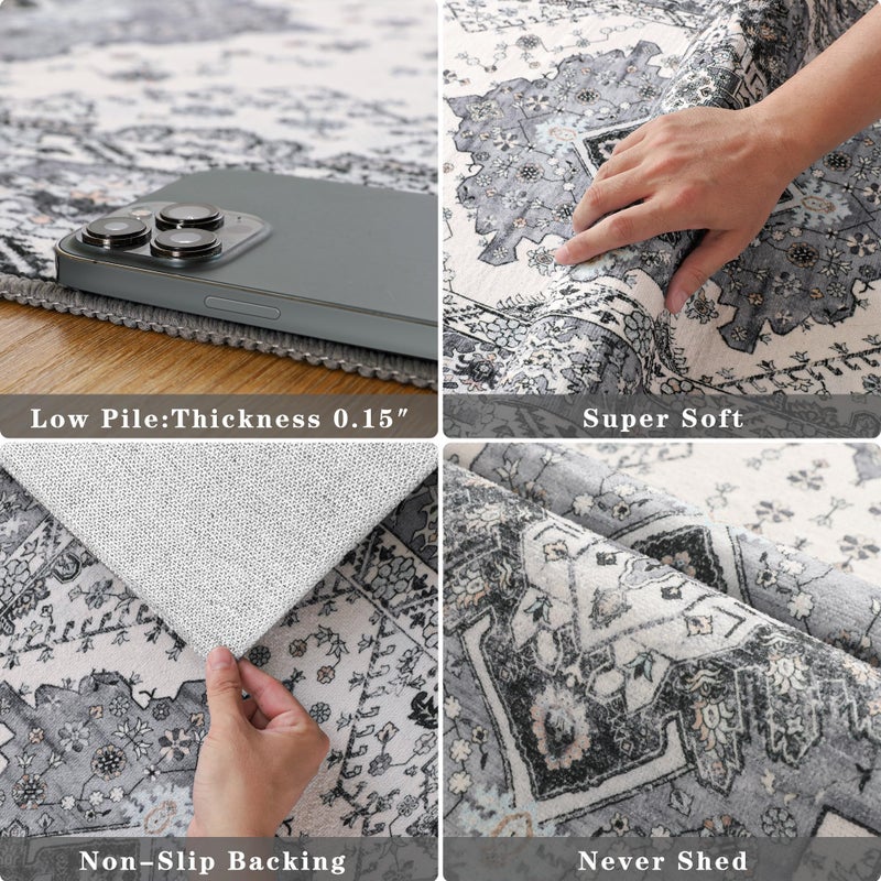 Noahas Living Room Rug 5x8 Rugs, Machine Washable Vintage Area Rug Non-Slip Low Pile Large Rug for Living Room, Bedroom, Farmhouse, Dining Room, Grey and Blue - Image 5