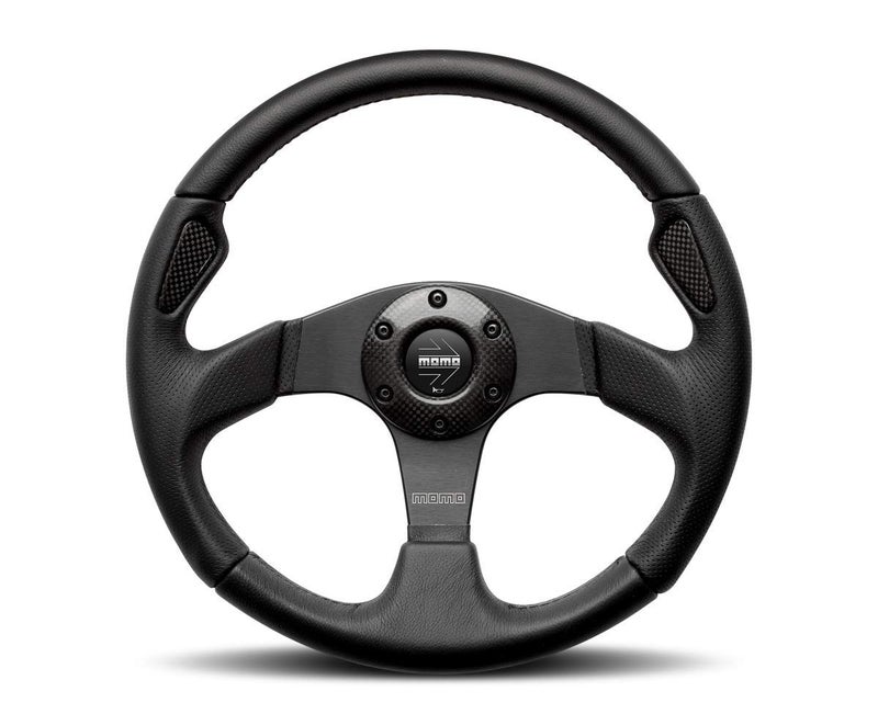MOMO JET35BK0B Steering Wheel | Black 350mm Leather Racing Wheel | Aftermarket Automotive Steering Wheel Kit | Universal Fit | Anodized Spokes | Ergonomic Air Leather Grip | Italian Style - Image 1