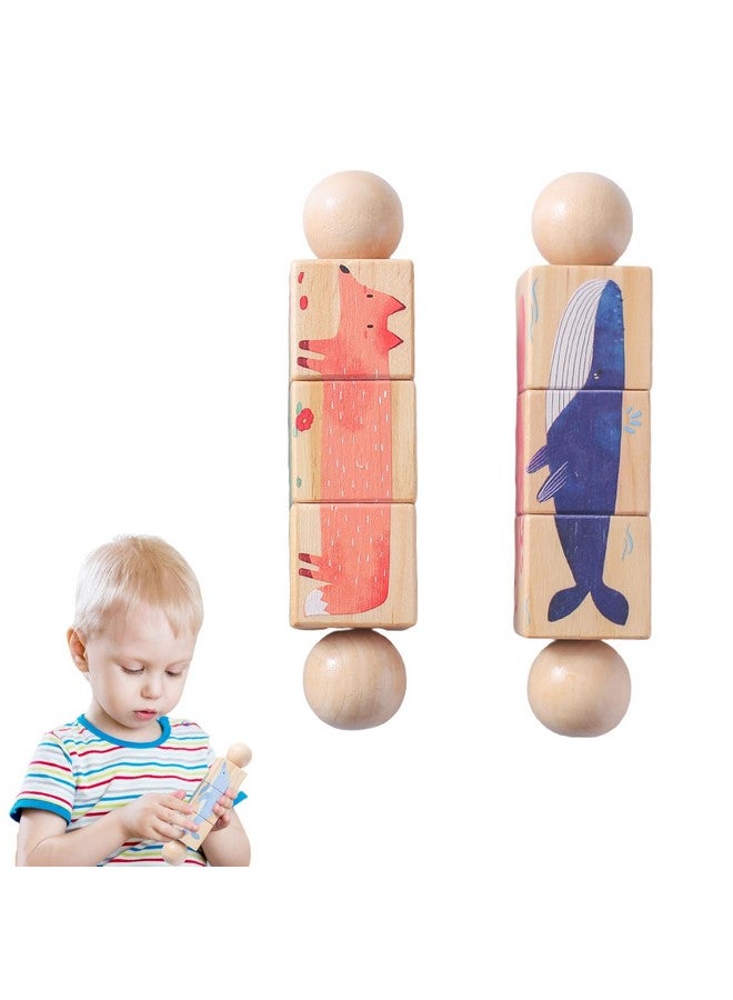 Promise Babe Wooden Animal Puzzle Toy for Toddlers 1-3, Rotating Spin Twist Blocks Set of 2, Learning Educational Montessori Toy Gifts for Kids Boys Girls, Whale and Fox - Image 1