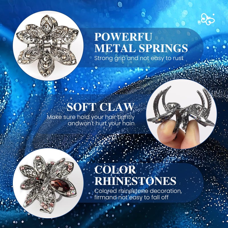 Glavatrix 3 Pack Crystal Hair Clips, 1.6 In Metal Rhinestone Claw Clips, Non-Slip Vintage Flower Jaw Clip, Bling Hair Clip Accessories for Women Girls, Grey - Image 3