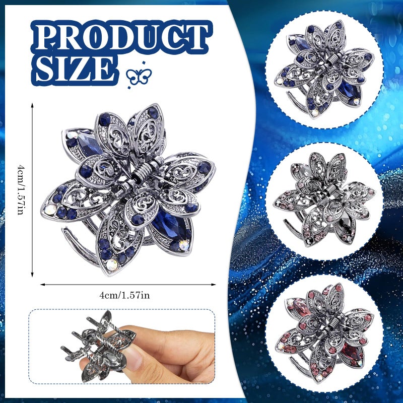 Glavatrix 3 Pack Crystal Hair Clips, 1.6 In Metal Rhinestone Claw Clips, Non-Slip Vintage Flower Jaw Clip, Bling Hair Clip Accessories for Women Girls, Grey - Image 2