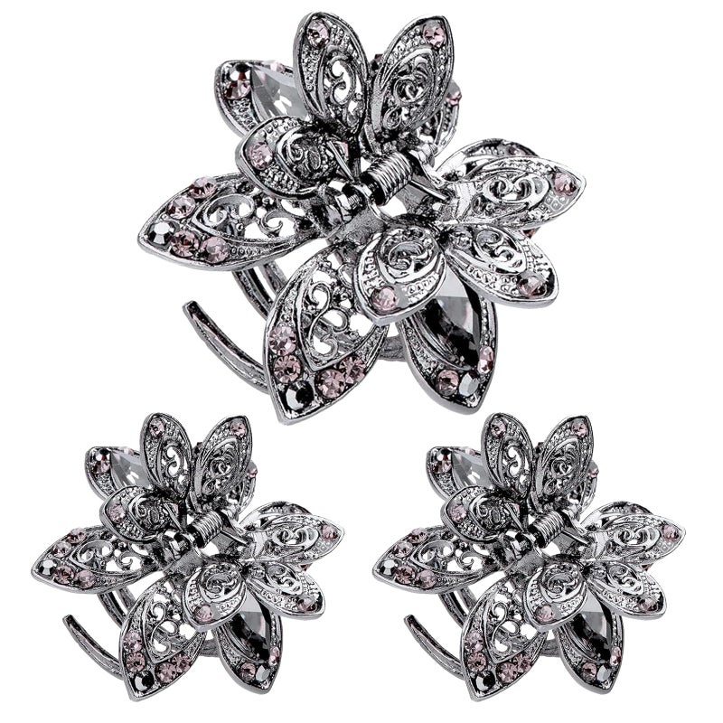 Glavatrix 3 Pack Crystal Hair Clips, 1.6 In Metal Rhinestone Claw Clips, Non-Slip Vintage Flower Jaw Clip, Bling Hair Clip Accessories for Women Girls, Grey - Image 1