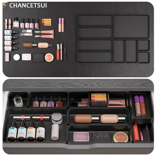 CHANCETSUI 9 Pcs Stackable Drawer Organizer Trays Set, Multifunctional Stackable Storage Trays for Vanity, Bathroom, Kitchen, Desk Drawer Organizer Office. Plastic Drawer Organizers Available In 5 Colours, Black - Image 3