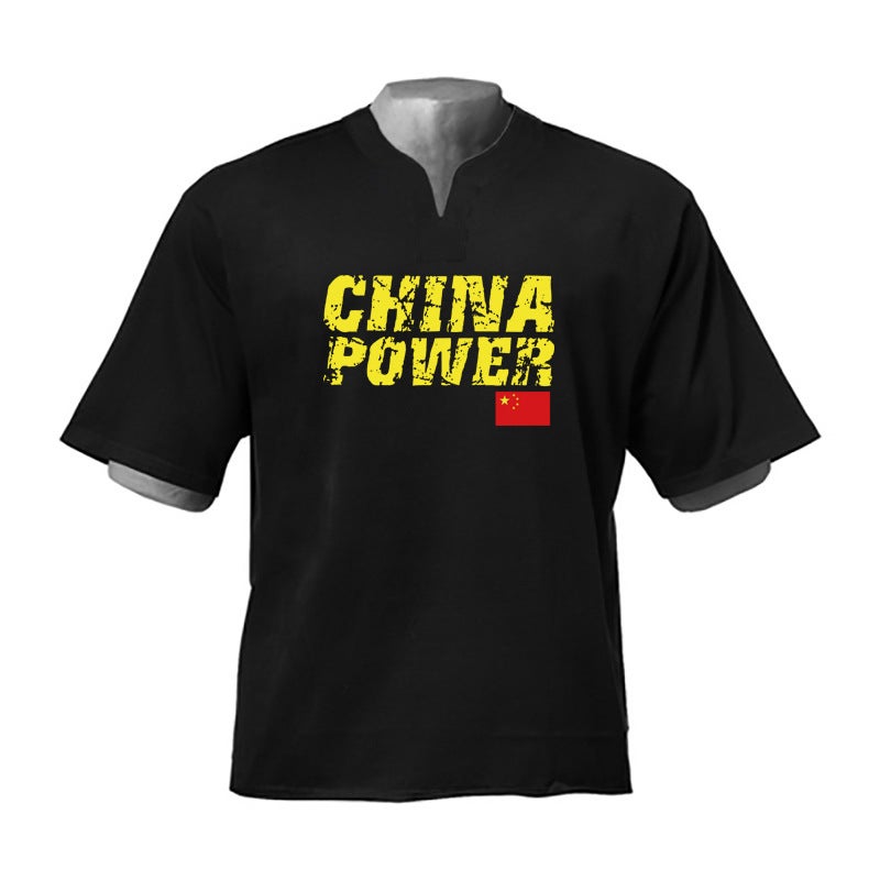 National Fashion Fitness short sleeve men''s summer china printed men''s plus size loose V-neck T-shirt Bodybuilding Muscle - Image 1