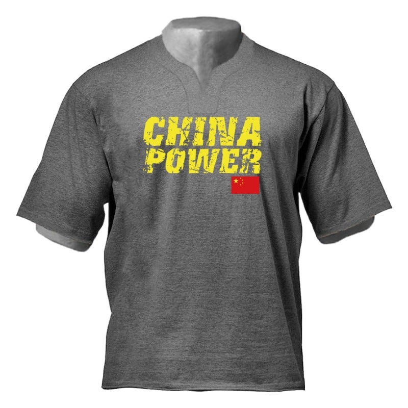 National Fashion Fitness short sleeve men''s summer china printed men''s plus size loose V-neck T-shirt Bodybuilding Muscle - Image 2