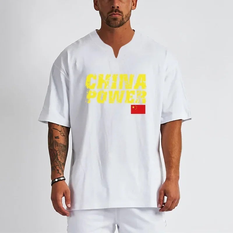 National Fashion Fitness short sleeve men''s summer china printed men''s plus size loose V-neck T-shirt Bodybuilding Muscle - Image 3