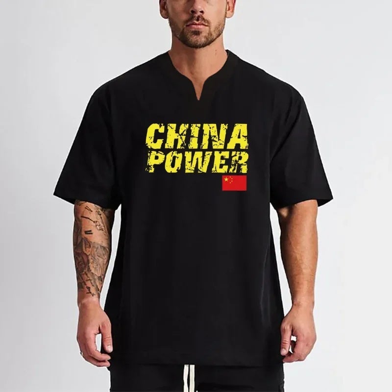 National Fashion Fitness short sleeve men''s summer china printed men''s plus size loose V-neck T-shirt Bodybuilding Muscle - Image 4