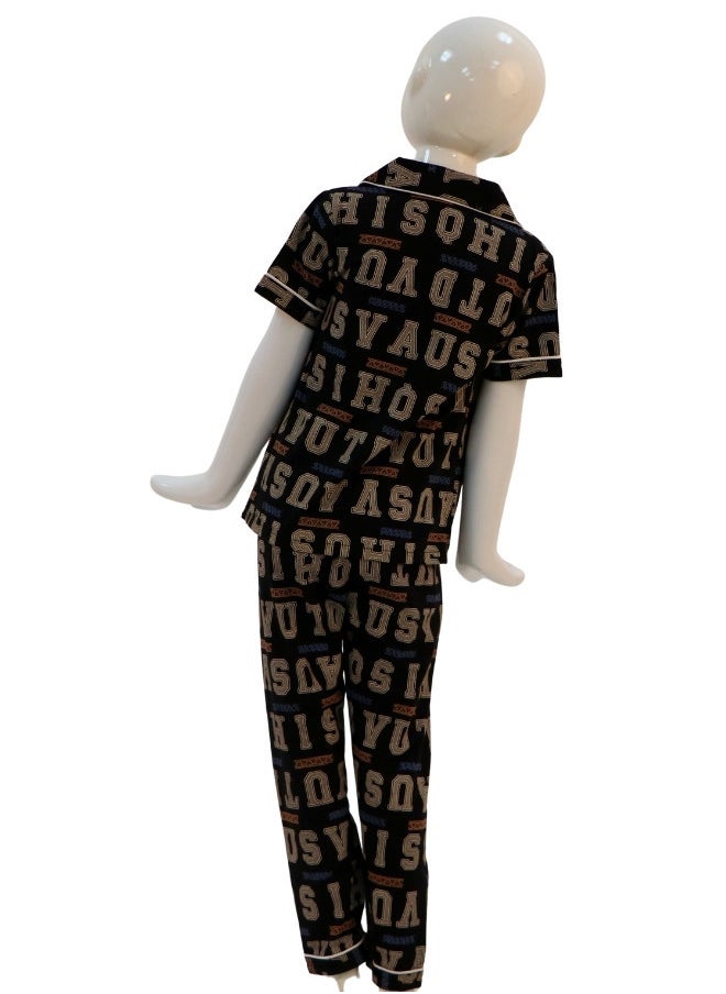 JOANNA - JOANNA Boy's Letters Print Button Down Shirt & Trouser Pajama Set, Black - Image 1