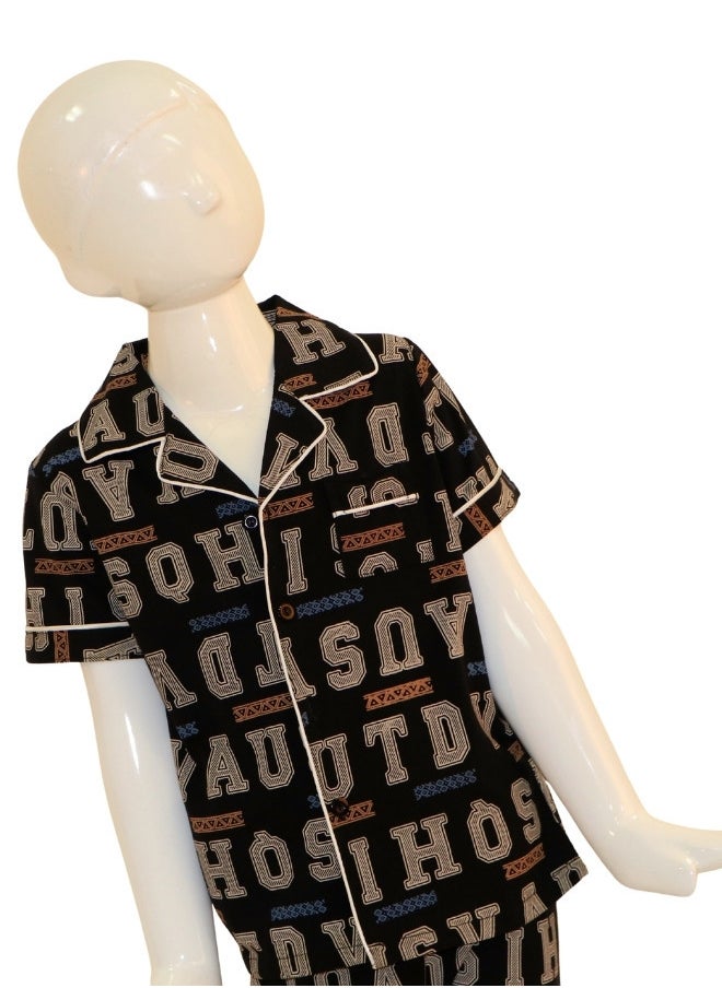 JOANNA - JOANNA Boy's Letters Print Button Down Shirt & Trouser Pajama Set, Black - Image 1
