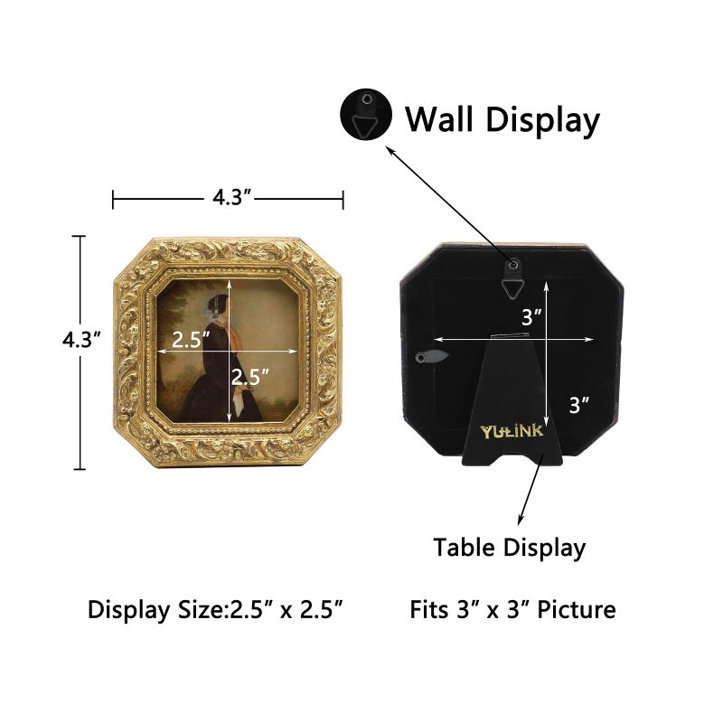 YULINK 3x3 Small Vintage Picture Frame  Mini Antique Ornate Gold Photo Frame  Tiny Retro Octagon frame  for Tabletop and Wall Display  Old Fashioned Photo Gallery Art Decor - Image 5