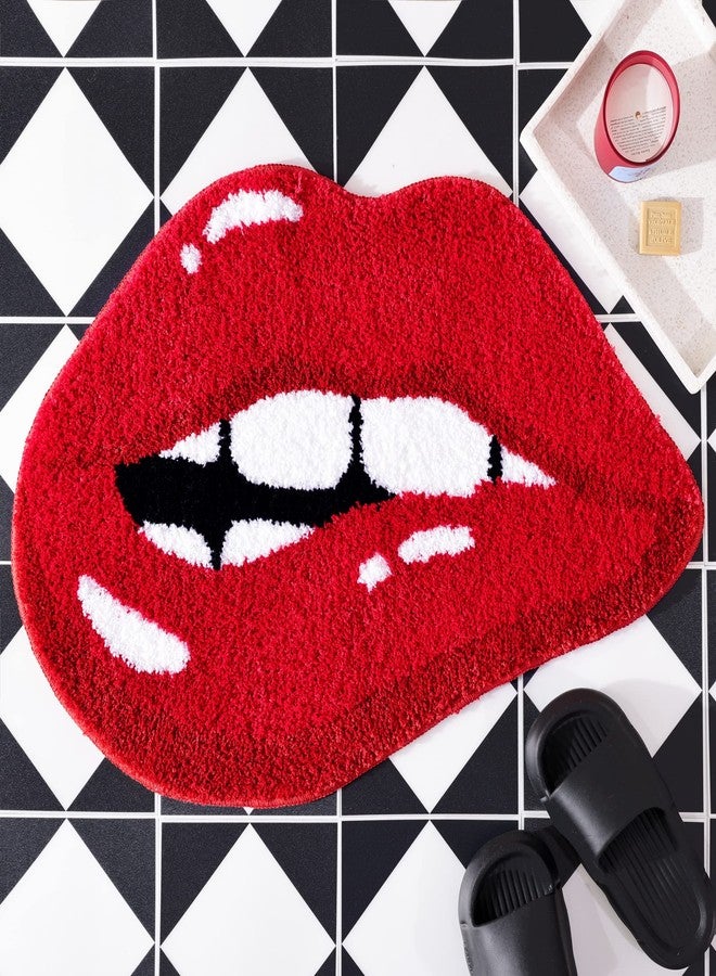 Panstar Red Lips Bathroom Rug, Cute Funny Biting Lips Shaped Bath Mat Non Slip Absorbent Bathtub Rug Bathroom Plush Shower Rugs - Image 1