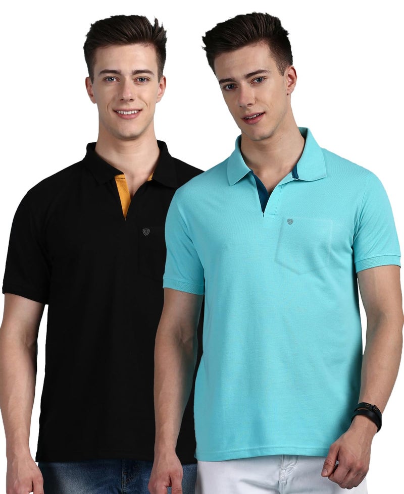 Lux Cozi Men's Regular Fit Polo Neck Half Sleeve Solid Casual T-Shirt with Chest Pocket for Casual Wear_COZI_2122_BLK_POOLBU_2XL_2PC - Image 1