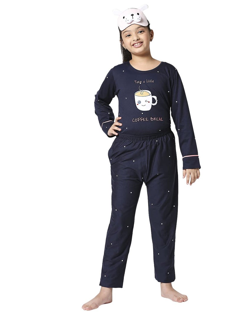 ZEYO Girls Pajamas Night Suit Set Cotton Polka Dot Print Navy Blue Night Suit 5521 - Image 5